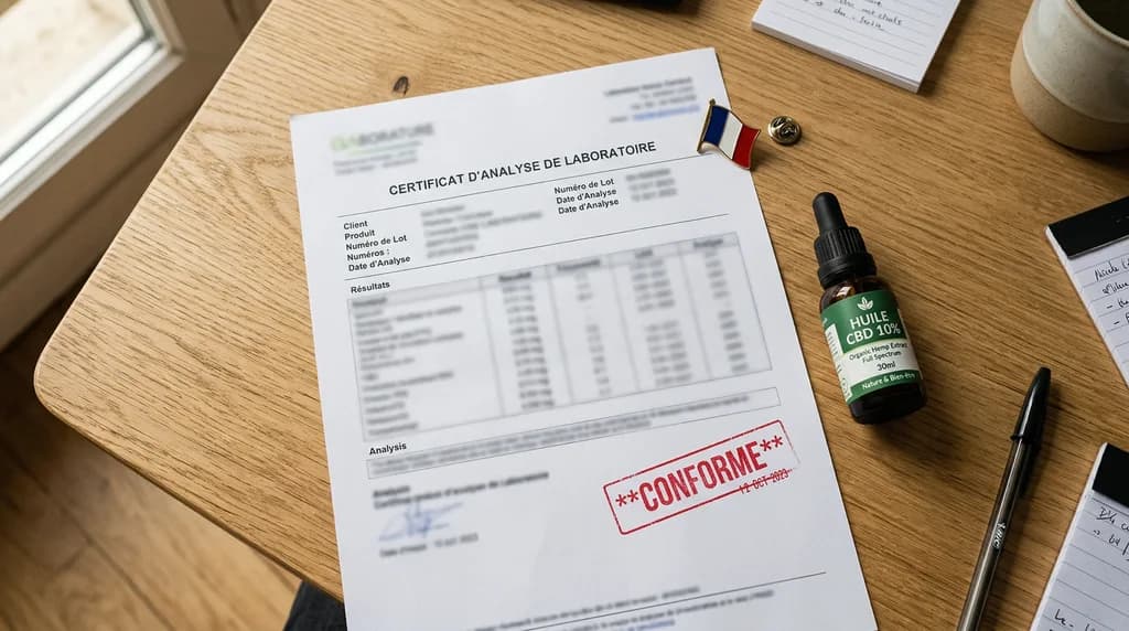 Certificat d'analyse CBD conforme à la réglementation française 2026 - contrôle laboratoire
