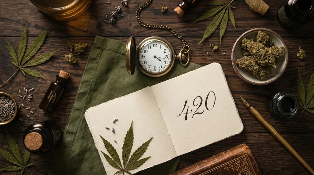 Vue en plongée d'une page de calendrier minimaliste montrant la date du 20 avril mise en évidence, avec une petite feuille de chanvre séchée posée délicatement sur la case, dans une palette de tons sauge et beige naturels.