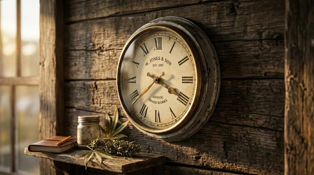 Nature morte éditoriale sur fond de marbre blanc avec un flacon ambré d'huile de CBD, quelques brins de chanvre industriel légal et un document d'analyse de laboratoire plié, évoquant la transparence et la conformité réglementaire française.