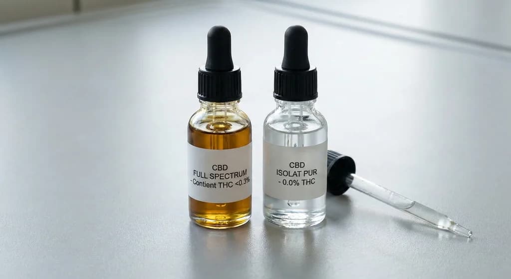 Photographie comparative de deux flacons d'huile de CBD, l'un foncé étiqueté "Full Spectrum avec traces de THC" et l'autre transparent étiqueté "Isolat Pur 0% THC"