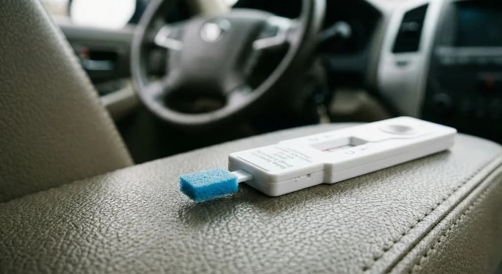 Gros plan sur un kit de test salivaire de détection de drogues posé sur le tableau de bord d'un véhicule.