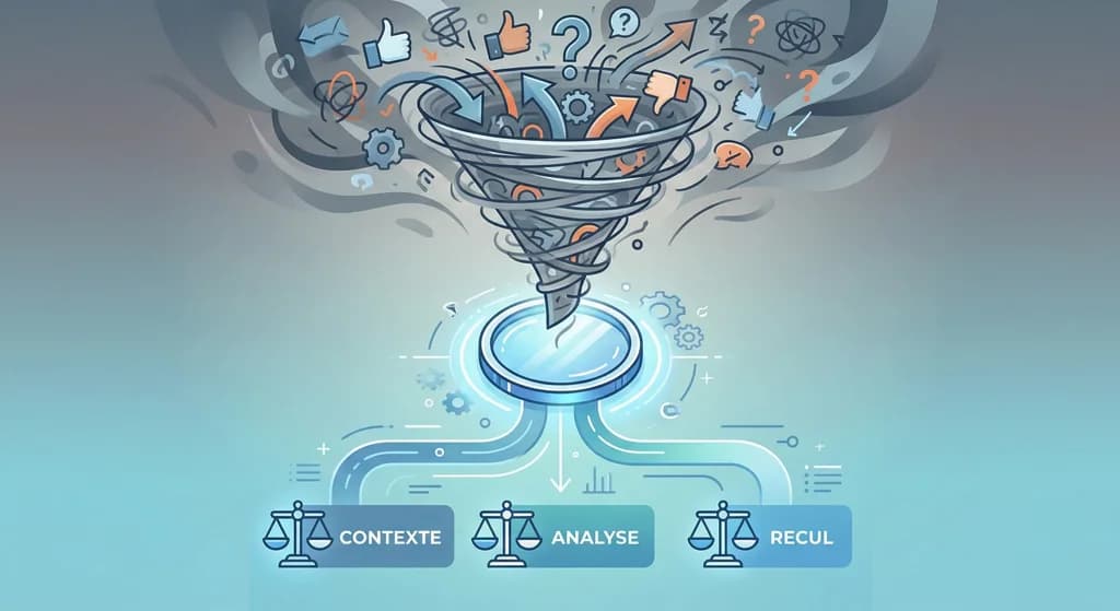 Schéma graphique illustrant le processus nécessaire pour interpréter les avis sur le CBD : un entonnoir filtre des informations brutes et désordonnées pour produire des analyses structurées étiquetées "Contexte", "Analyse" et "Recul".