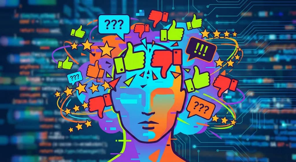 Illustration conceptuelle montrant la confusion des avis CBD en ligne : une silhouette de tête humaine est submergée par un nuage chaotique d'icônes contradictoires de pouces levés, pouces baissés et points d'interrogation.