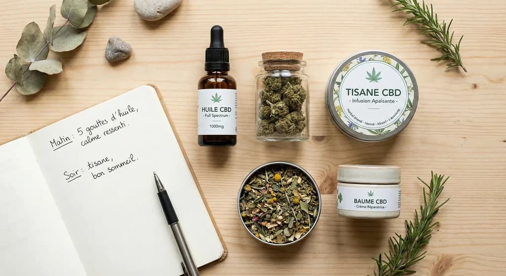 Photographie "flat lay" présentant une diversité de produits CBD (huile, fleurs de chanvre, infusion, crème) disposés sur une table en bois à côté d'un carnet de notes, illustrant une expérience personnelle et variée.