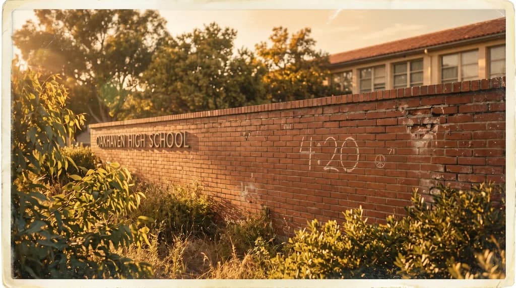 Illustration éditoriale rétro représentant la cour d'un lycée californien en 1971 au coucher du soleil, avec une statue beige de Louis Pasteur au premier plan et une lumière dorée d'automne évoquant l'ambiance nostalgique de l'époque des Waldos.