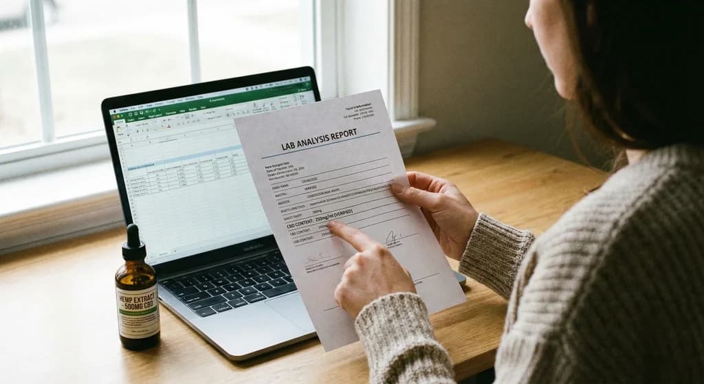 Une personne consulte un rapport d'analyse de laboratoire pour vérifier le taux de THC d'un produit CBD.
